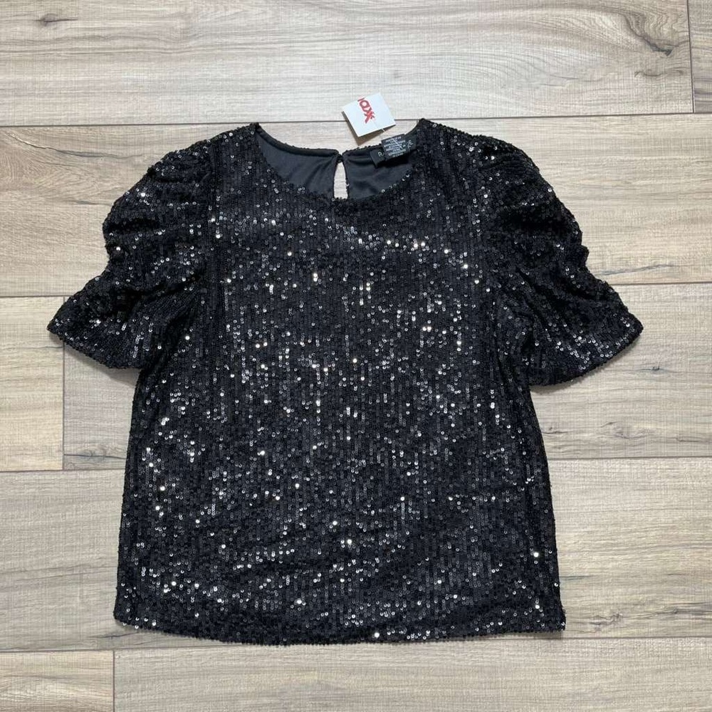 Rachel Zoe‎ Womens Ruched Short Sleeve Sequin Top Size XS Black
